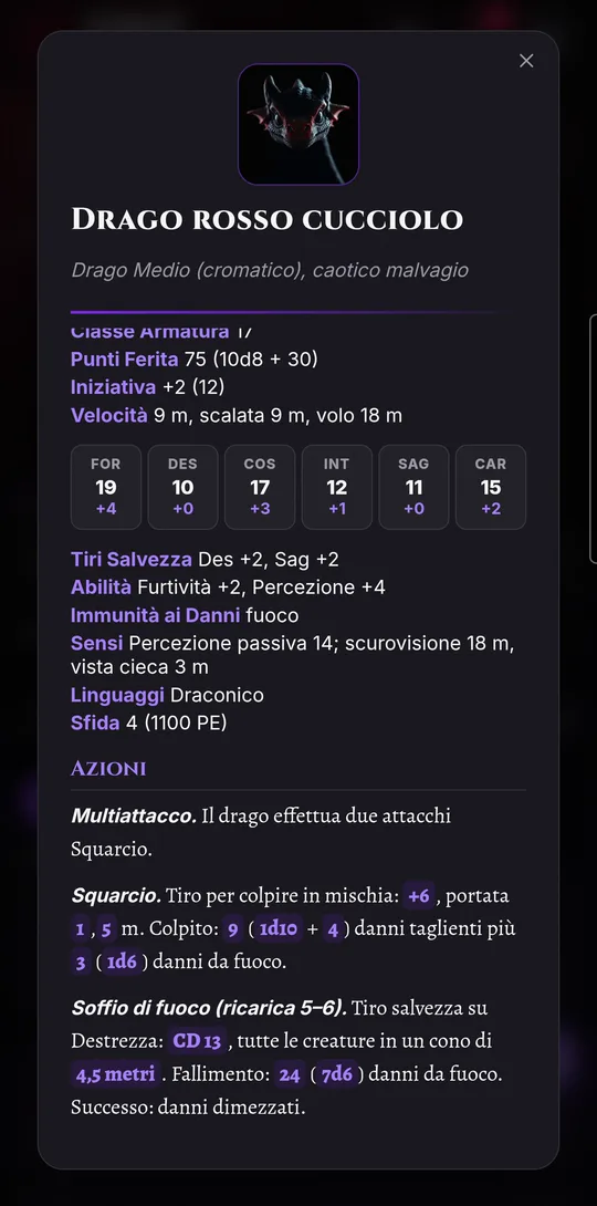 The full stat block of a rulebook monster