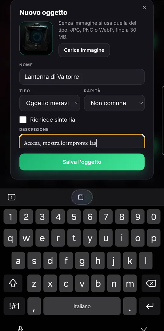 The “New item” form with type, rarity and description