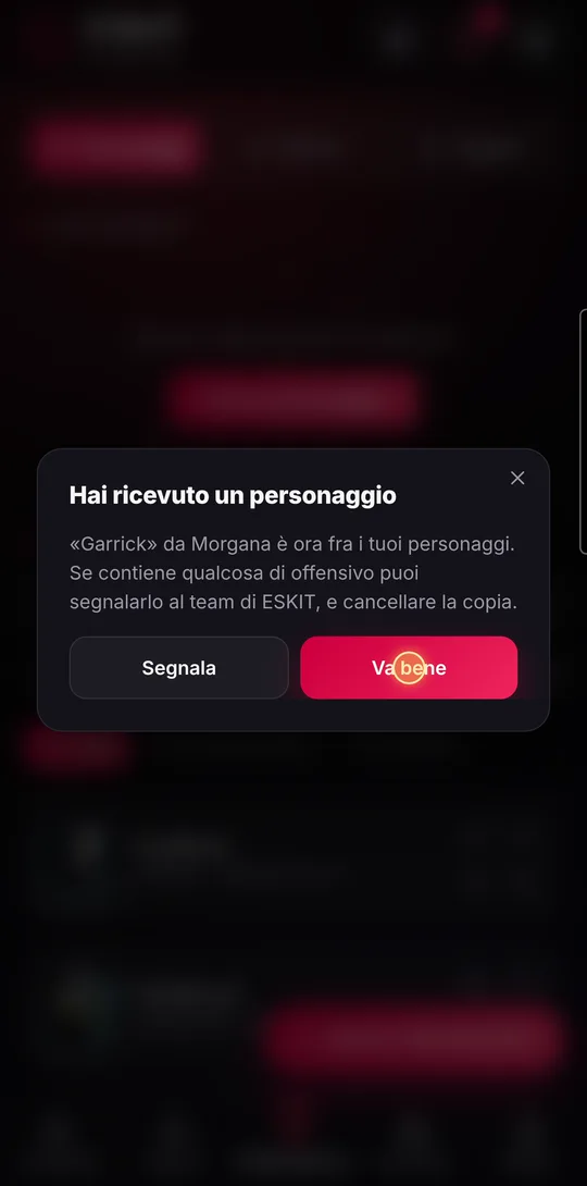 The “You received a character” window with Report and OK
