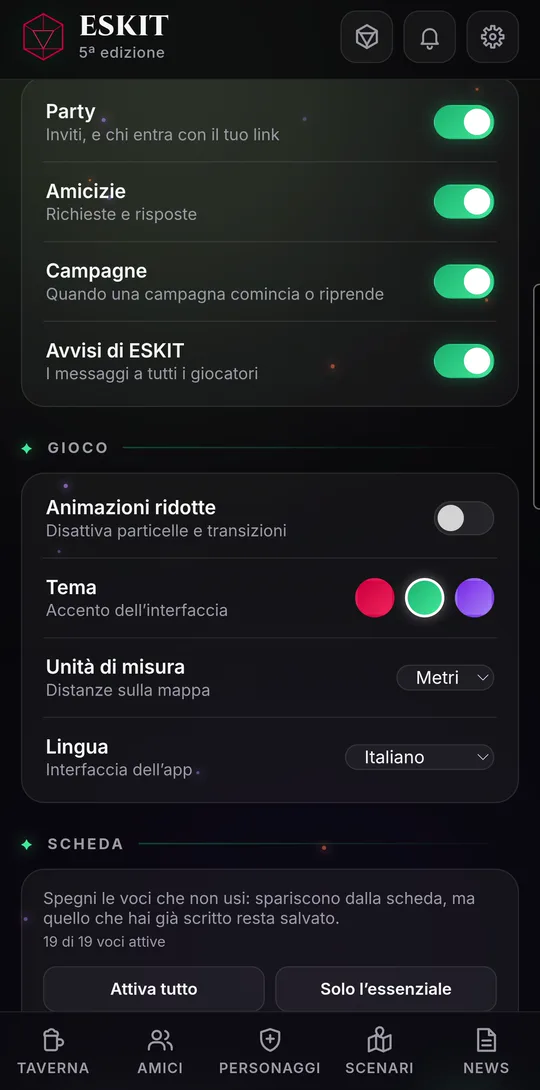 Le impostazioni: audio, tema, unità di misura e lingua