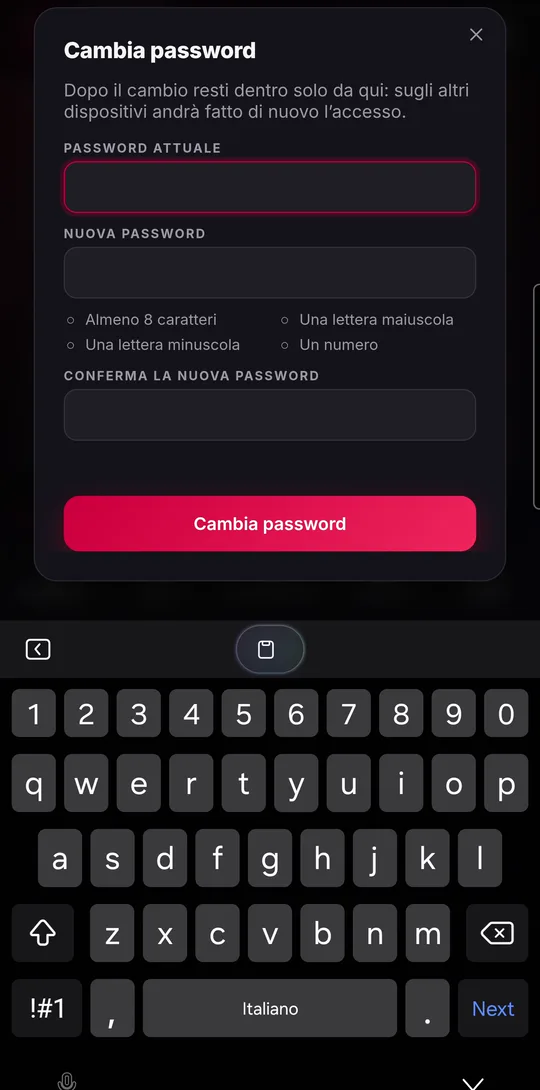 La sezione Account con nome visibile e password