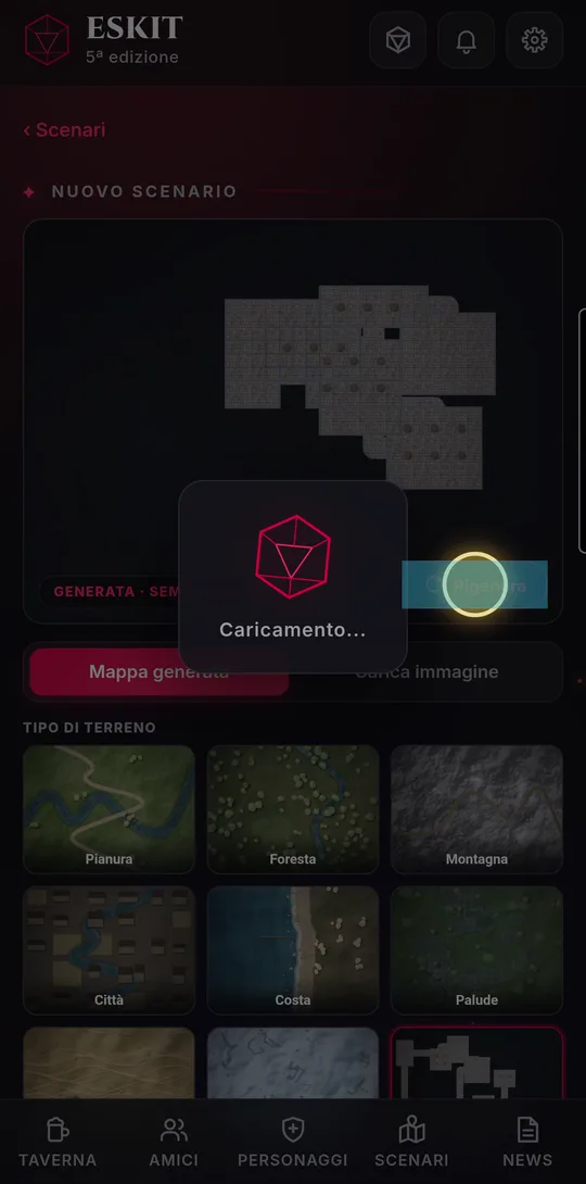 L’editor dello scenario con la mappa generata e la scelta del terreno