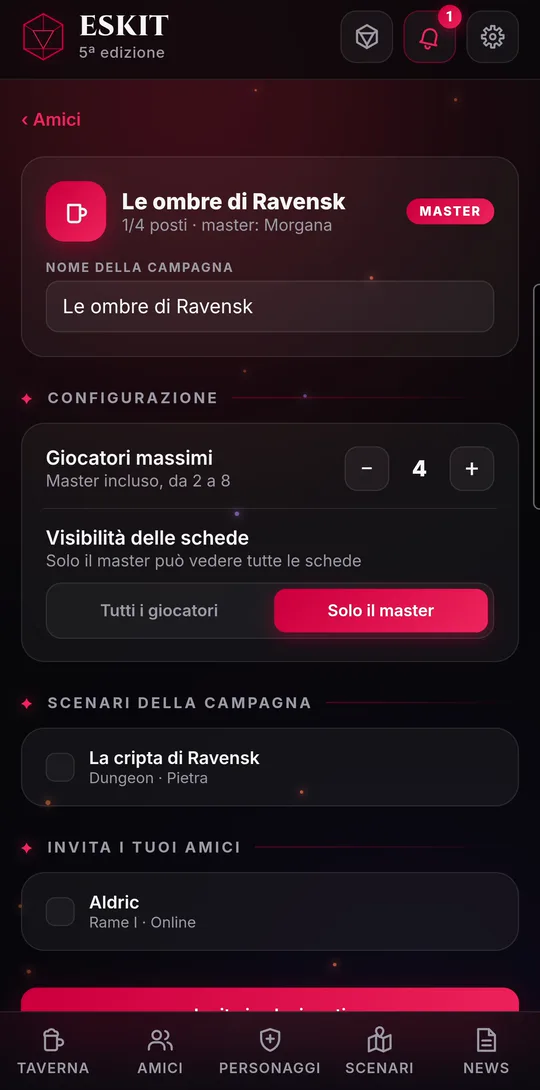 La lobby del master: nome della campagna, posti e visibilità delle schede