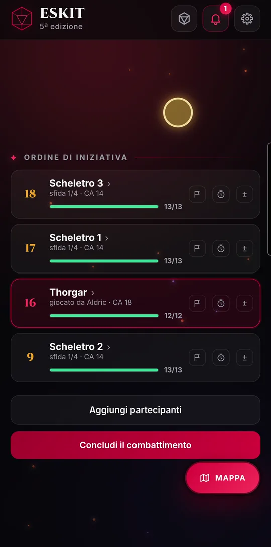 La pagina dei turni del master, con round e ordine di iniziativa