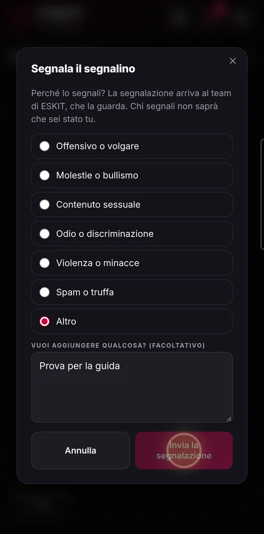 La segnalazione: i motivi da scegliere e il tasto Invia